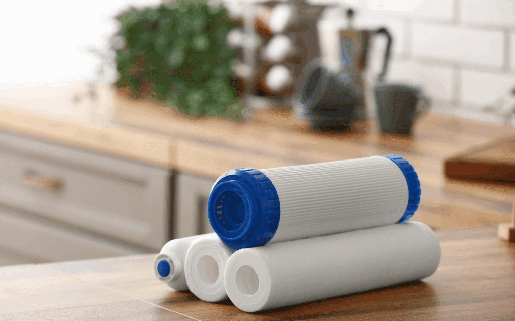 Three water filter cartridges on counter