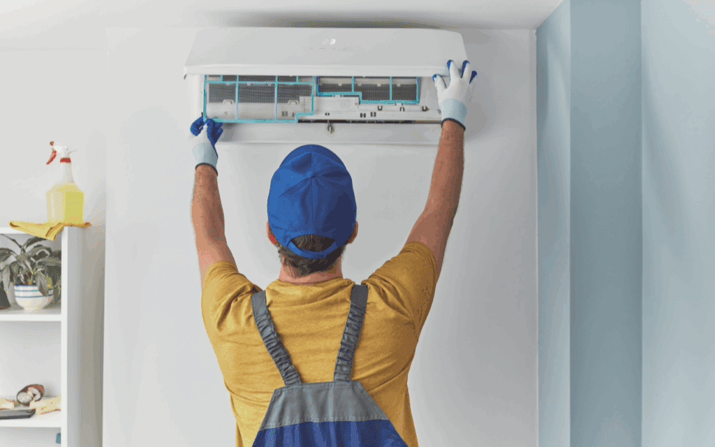 Man repairing air conditioning unit