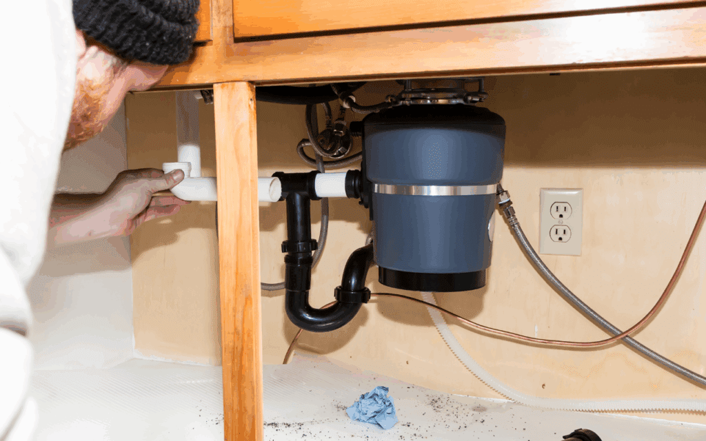 Person installing garbage disposal under sink