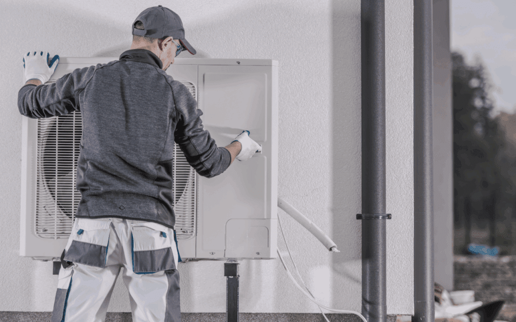Technician servicing air conditioning unit.