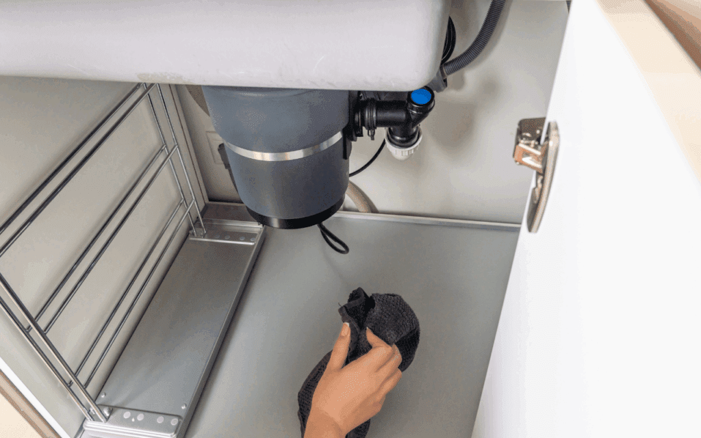 Person cleaning under kitchen sink