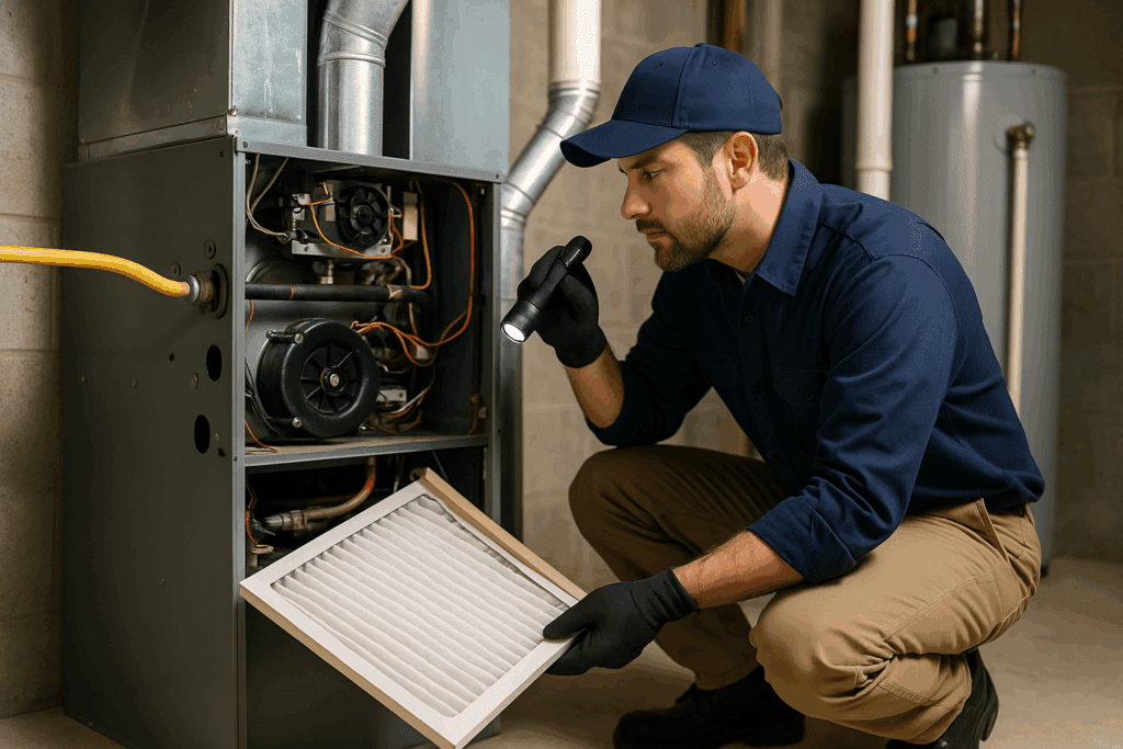 Technician inspecting HVAC system components.