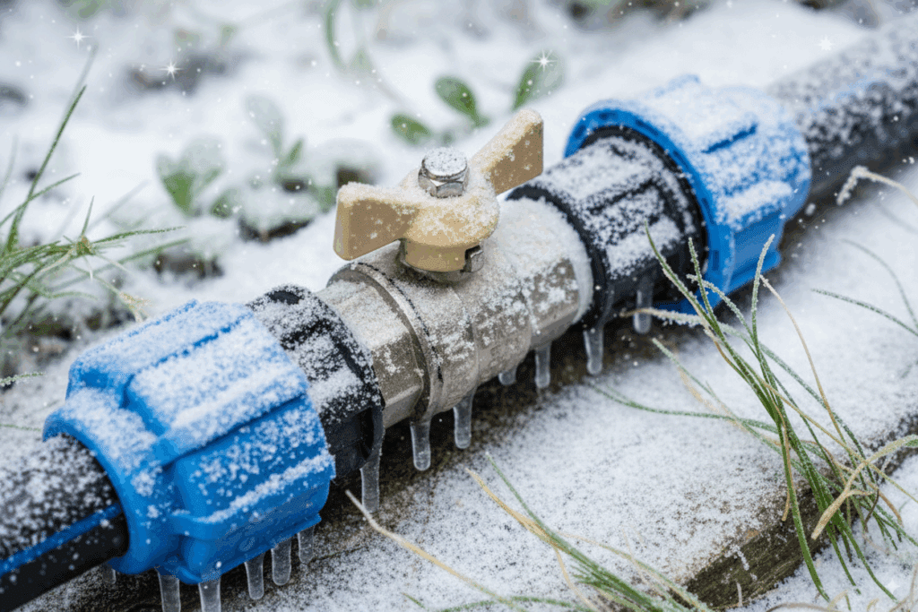 Frozen water pipes with ice buildup