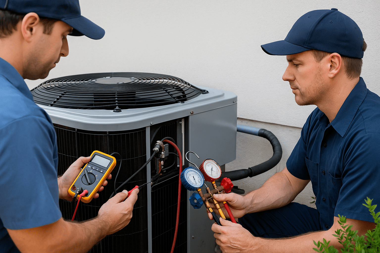 Technicians servicing an air conditioning unit.