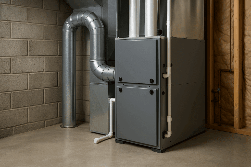 Heating system in a basement setting.