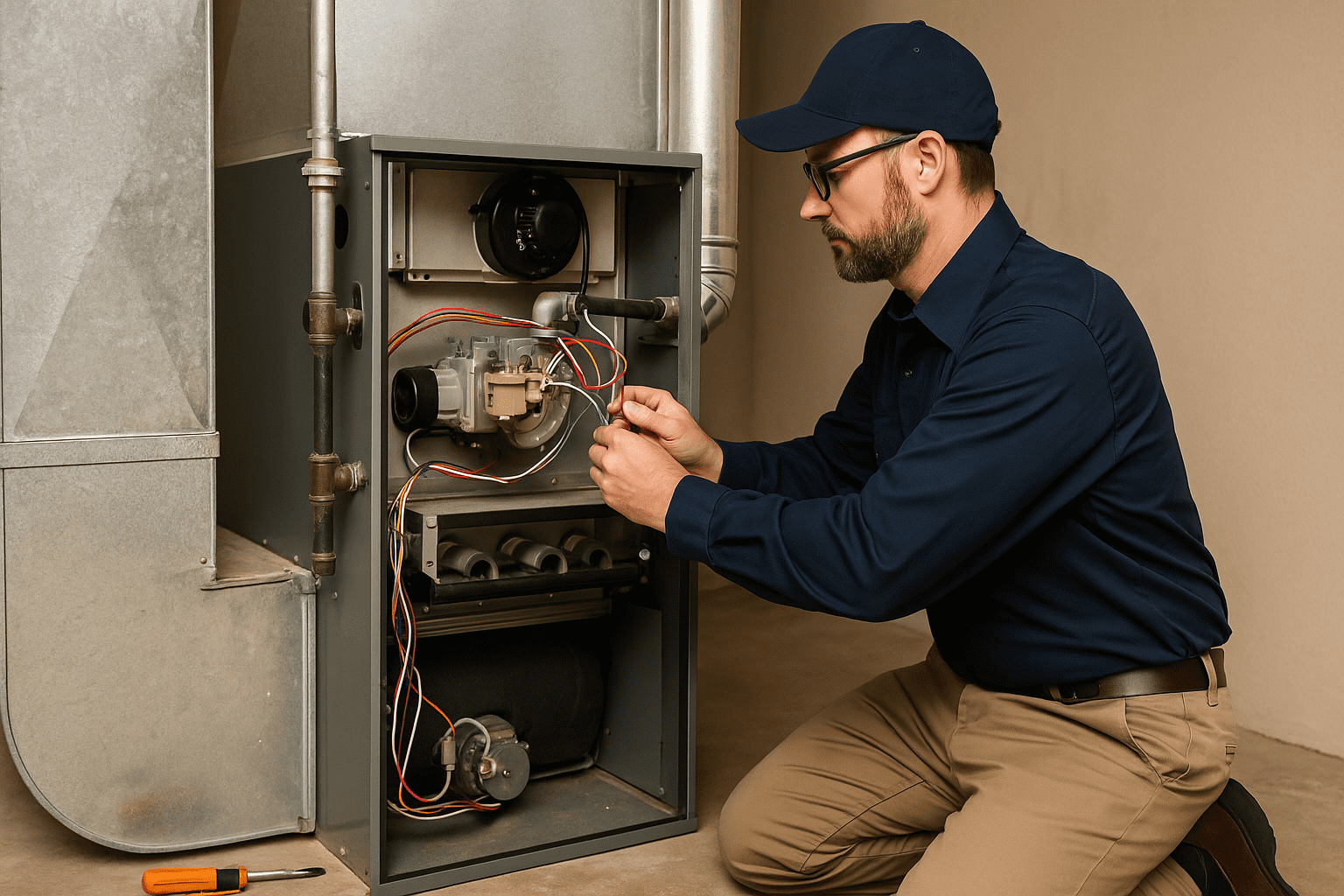 Technician servicing HVAC equipment indoors.