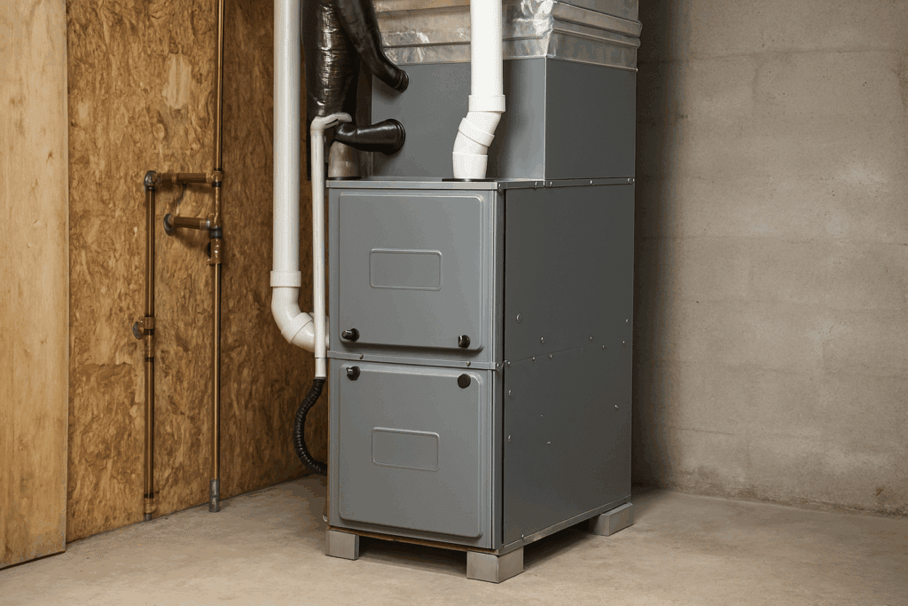 Gray furnace in a basement setting