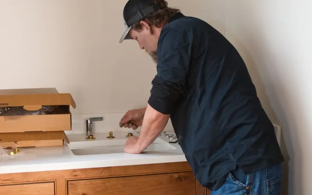 Person installing plumbing fixtures indoors.