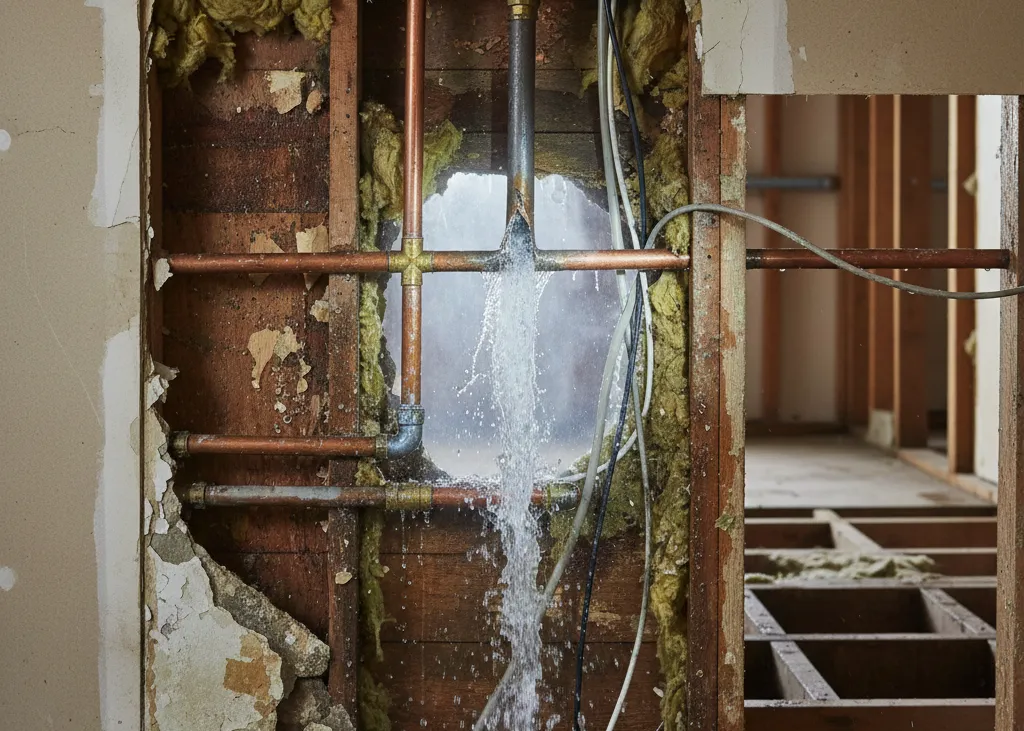 Burst pipe leaking water inside wall