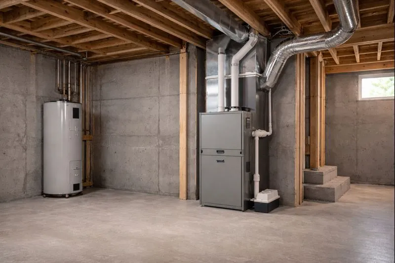 Indoor furnace and ductwork in a residential utility space