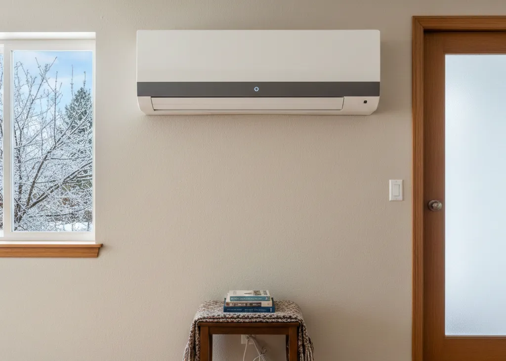 Air conditioner mounted on wall indoors.