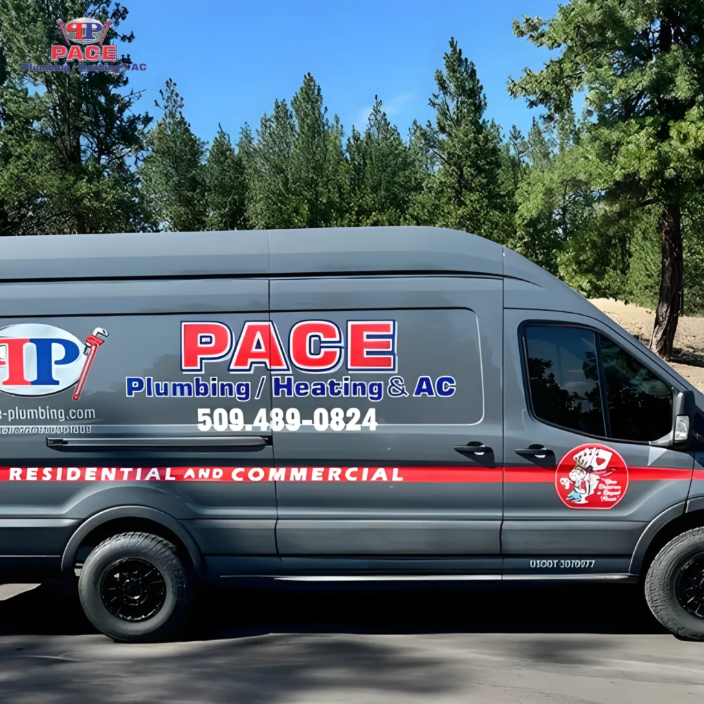 Van with plumbing and HVAC branding