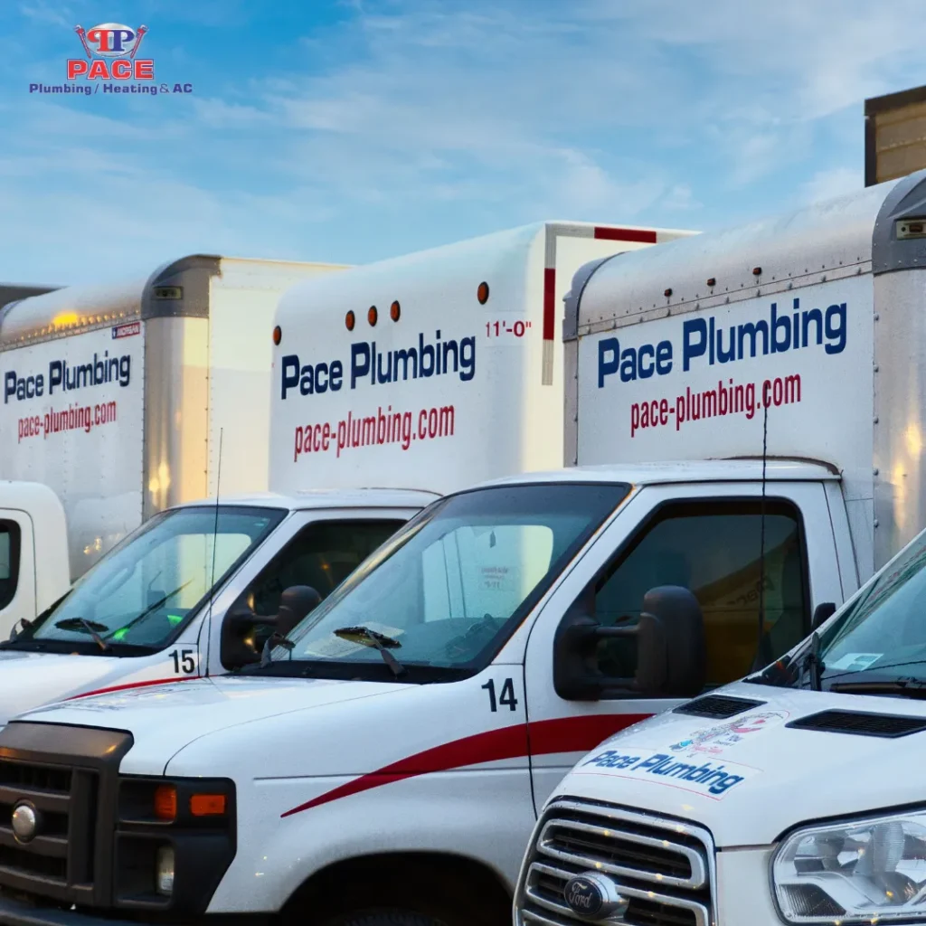 Plumbing service trucks parked together.