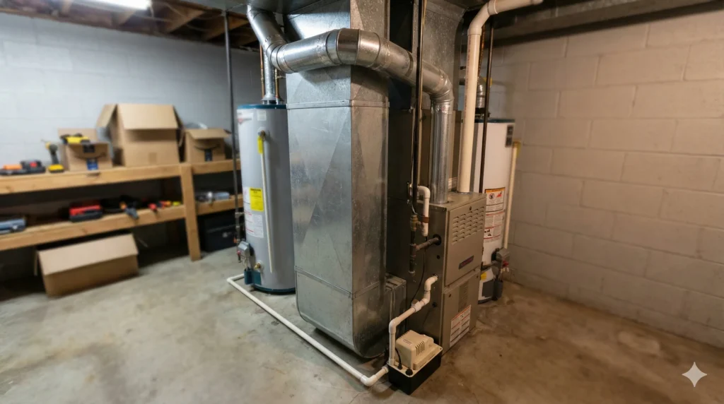 Furnace and water heaters in basement