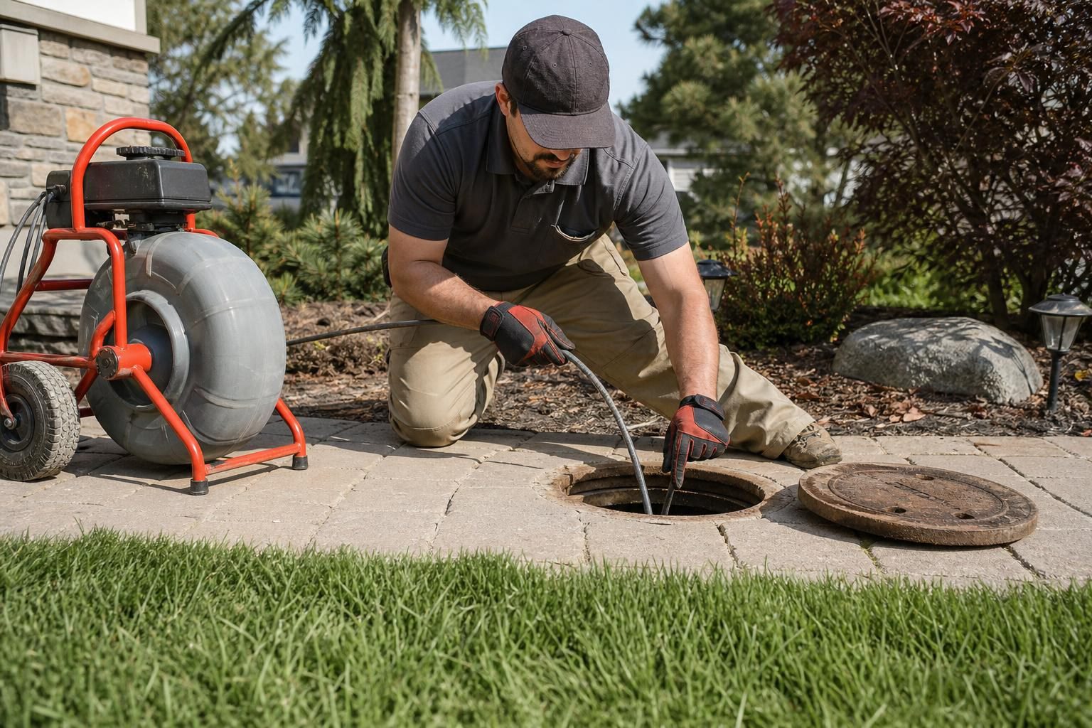 Plumber in a grey shirt and cap uses a motorized drain snake to clear a residential outdoor sewer line on a sunny day.