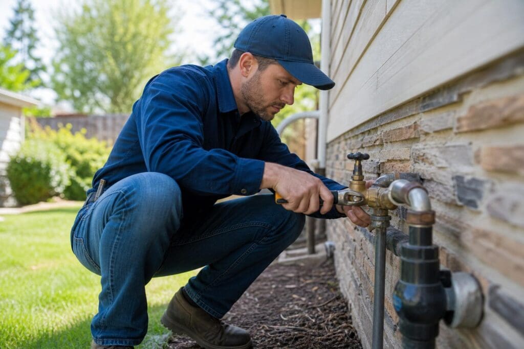 Plumber in a blue uniform and cap crouches outside a house to repair an exterior water pipe with a wrench on a sunny day.