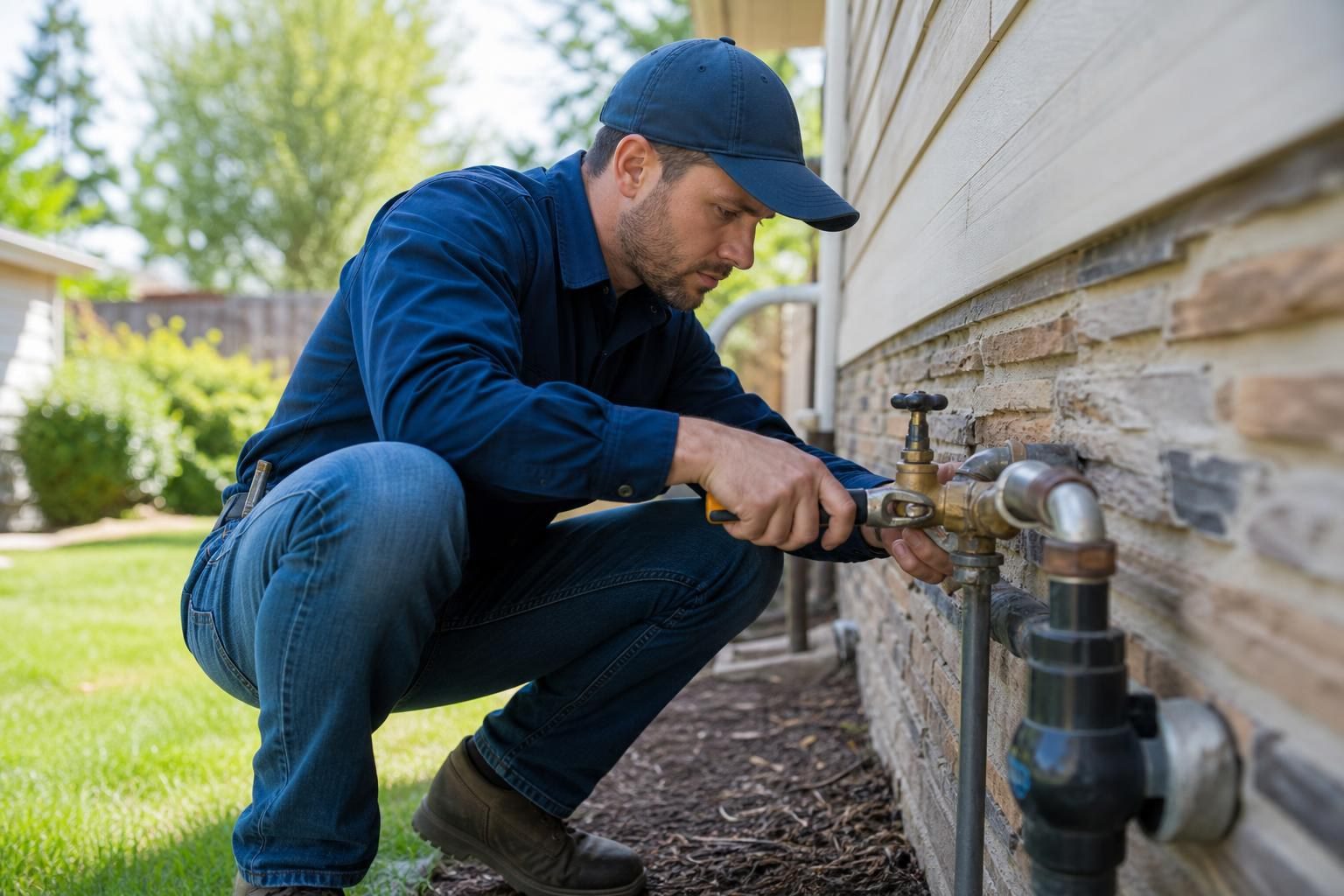 Plumber in a blue uniform and cap crouches outside a house to repair an exterior water pipe with a wrench on a sunny day.