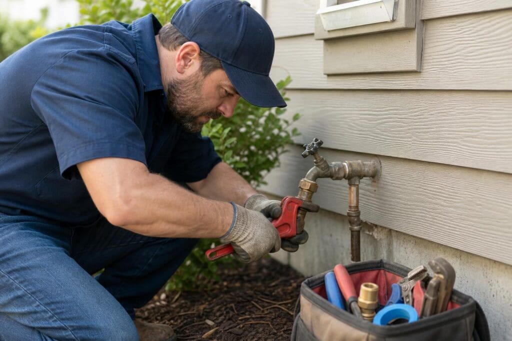 Plumber in a blue uniform and cap uses a red pipe wrench to repair an outdoor water spigot on a house exterior.