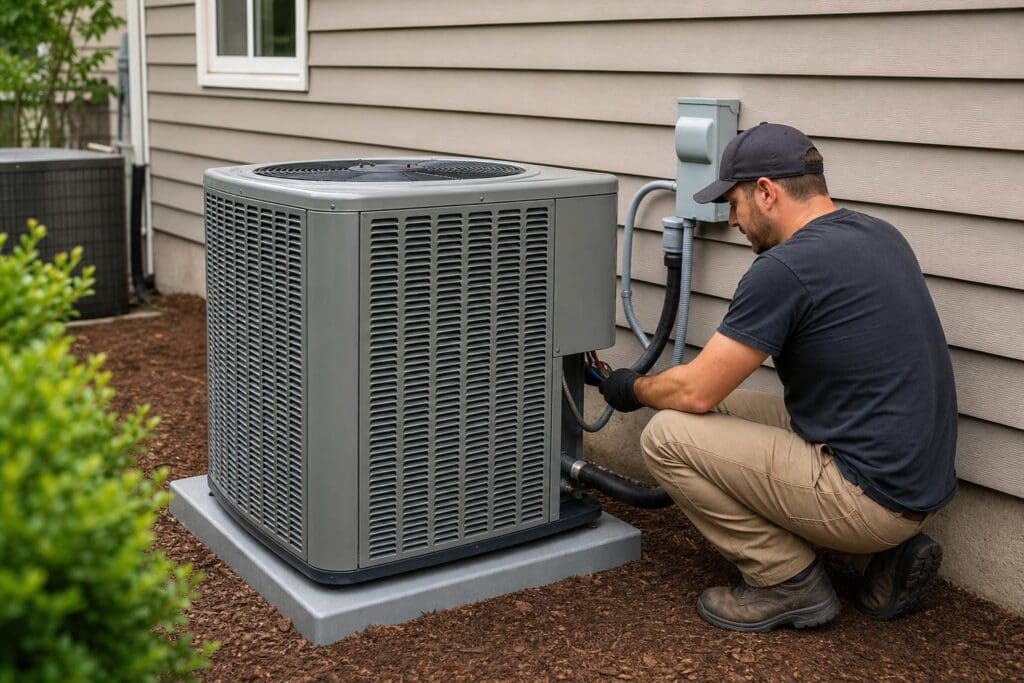 Technician in a baseball cap and work clothes kneeling to install a modern grey air conditioning unit outside a house with tan siding.