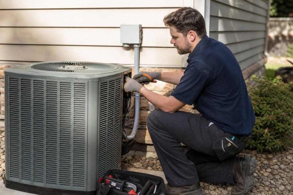 HVAC technician in a blue uniform kneeling to repair an outdoor air conditioning unit next to a residential home.