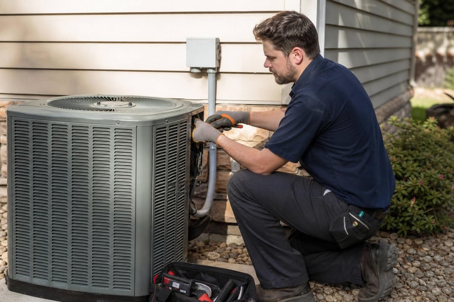 HVAC technician in a blue uniform kneeling to repair an outdoor air conditioning unit next to a residential home.