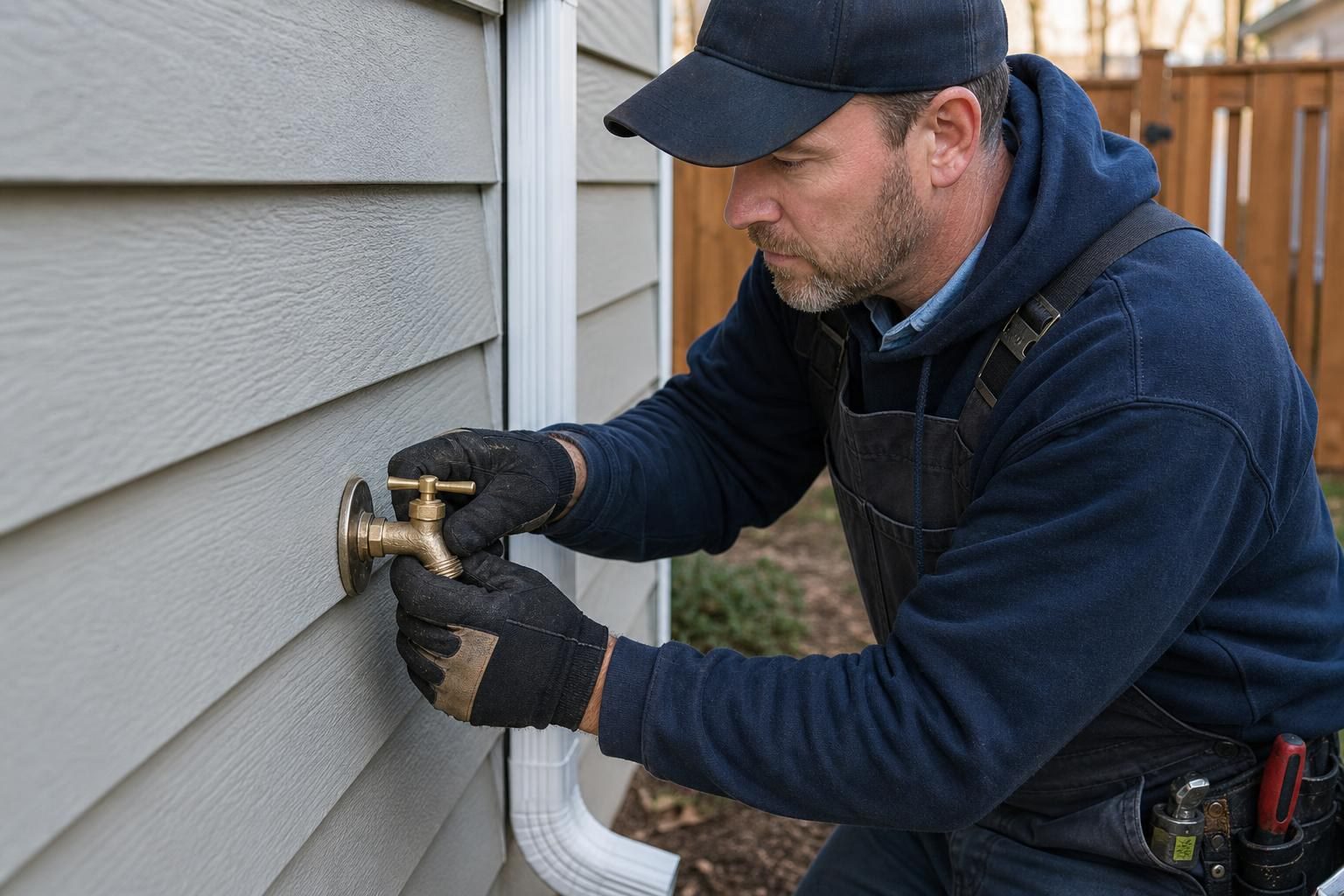 Plumber in a navy hoodie and work gloves installing a brass hose bib onto the light gray siding of a residential home.
