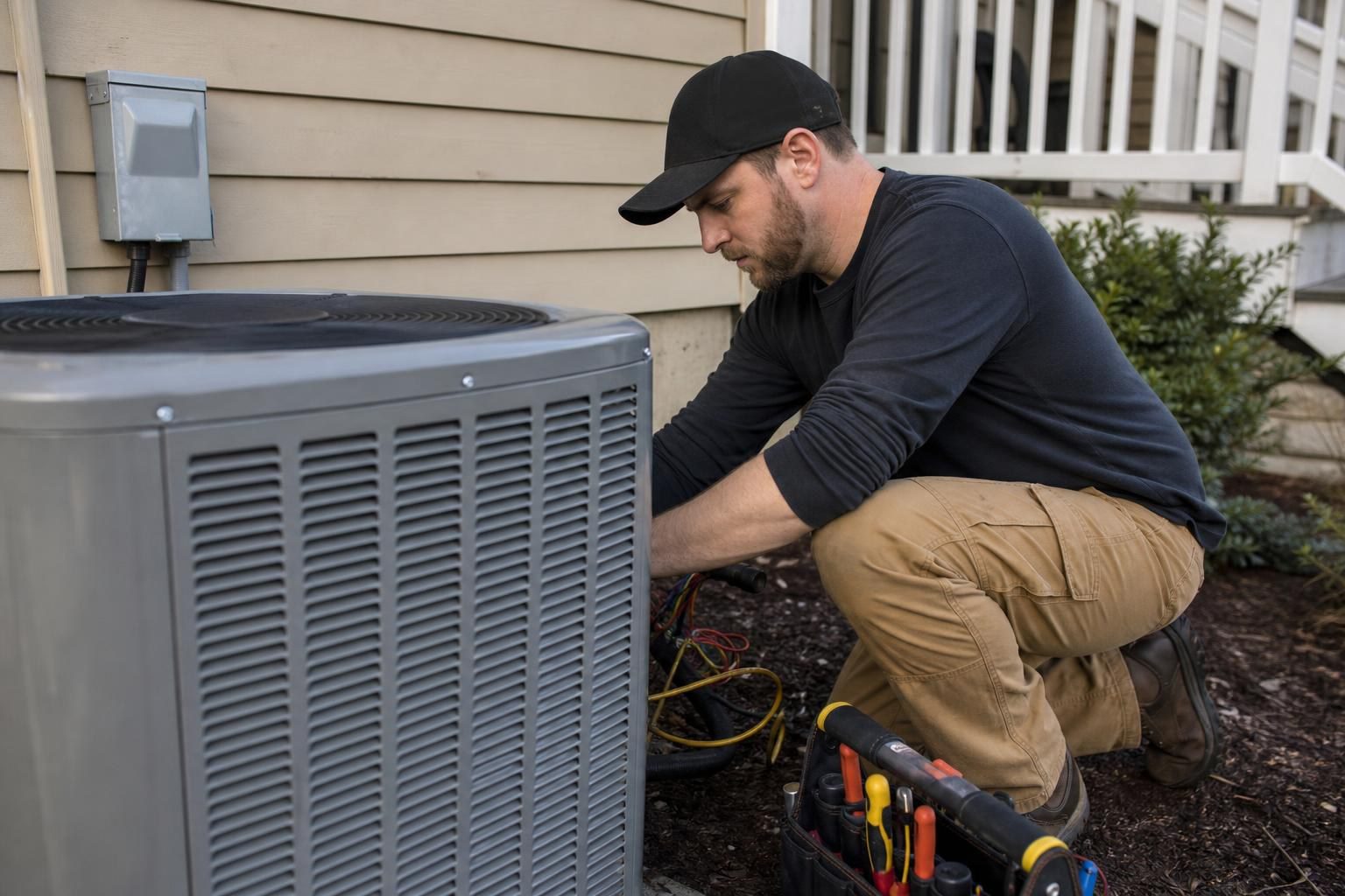 HVAC technician in a black cap and tan pants kneeling to repair an outdoor air conditioning unit with a tool bag nearby.
