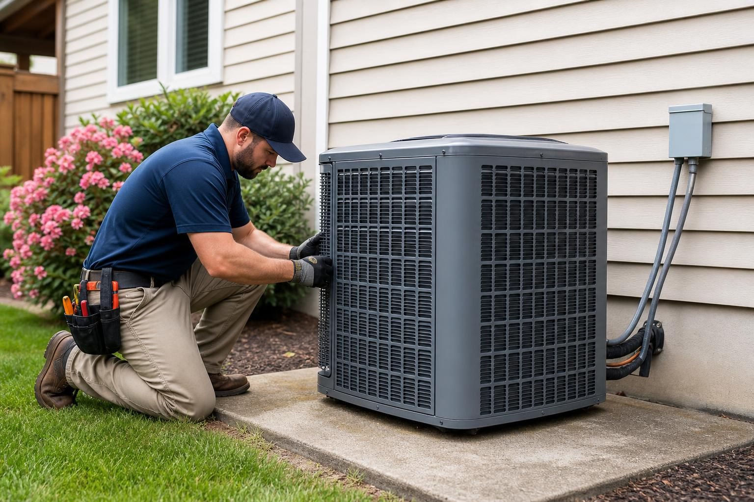 HVAC technician in a blue uniform kneeling to install a new grey air conditioning unit outside a residential home with tan siding.